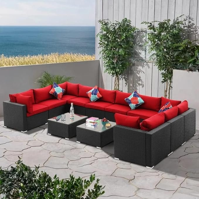 6pcs outdoor rattan wicker furniture set with cushions for patio, garden, or backyard relaxation.