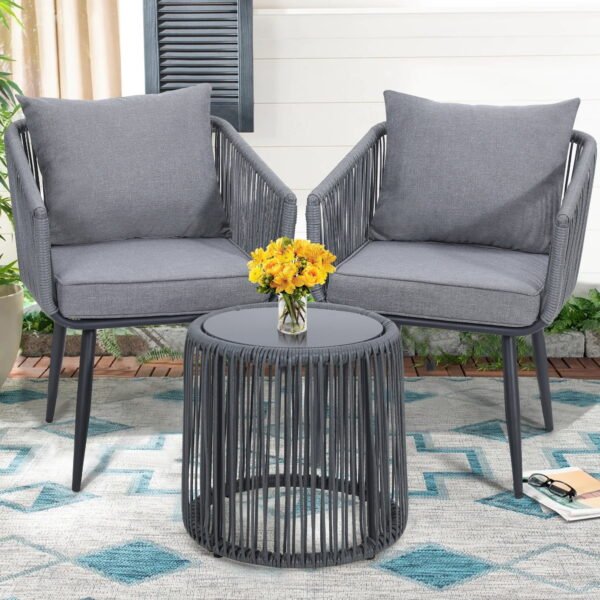 Modern outdoor patio set featuring two comfortable chairs with cushions and a stylish coffee table, perfect for garden, balcony, or backyard relaxation