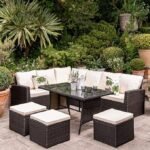 "6 pcs wicker conversational sofa set with dining table for outdoor patio and garden seating"