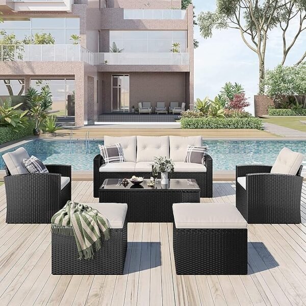 "7-piece outdoor modular sofa set made of durable PE rattan wicker with comfortable cushions, perfect for patio, garden, backyard, or balcony seating.