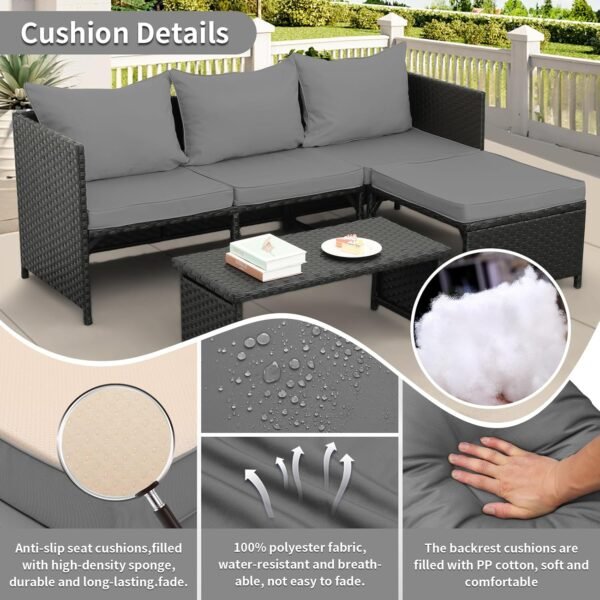 Outdoor sofa set with cushioned seats on a garden patio, weather-resistant wicker frame, and stylish modern design.