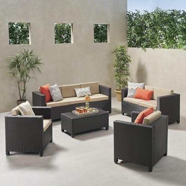 "Modern outdoor rattan wicker patio furniture set with cushioned seating and glass-top table, perfect for garden, balcony, or backyard."
