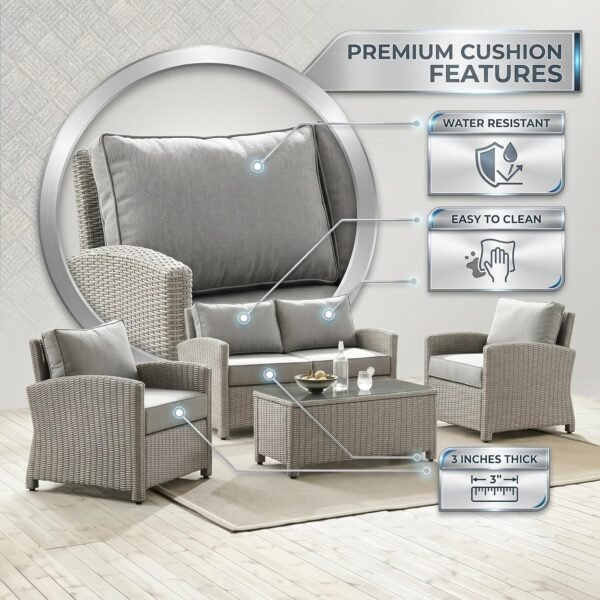 4 Pieces Rattan Sofa Set with Glass Center Table and Soft Washable Cushion for Outdoor Porch, Terrece. - Image 6