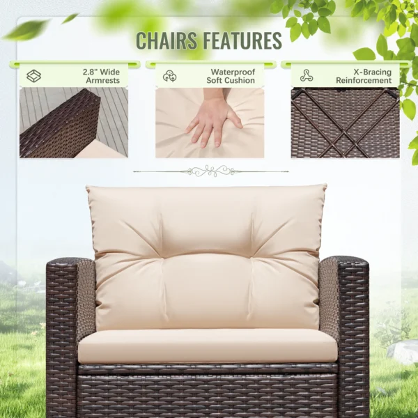 Three-piece outdoor patio furniture set featuring woven rattan chairs with beige cushions on a wooden deck.