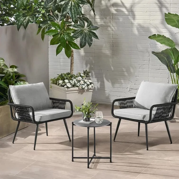 Modern outdoor patio set with two chairs and coffee table, weather-resistant design for garden, balcony, or backyard seating