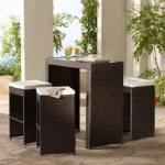 Upgrade your outdoor living space with this stylish 5-piece rattan wicker patio bar set. Includes a bar table and four stools, perfect for entertaining, dining, and relaxing in any outdoor setting. Weather-resistant and easy to clean.”