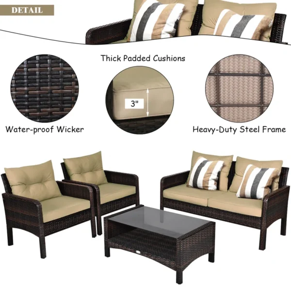 "Modern outdoor rattan wicker sofa set in blue and white with cushions – patio furniture for garden, balcony, or backyard"