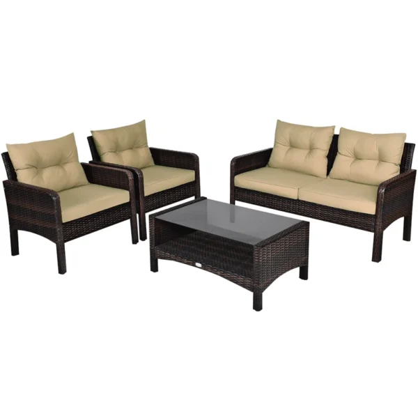 "Outdoor Rattan Wicker Sofa Set – Blue & White Patio Furniture with Cushions for Garden, Balcony & Backyard"