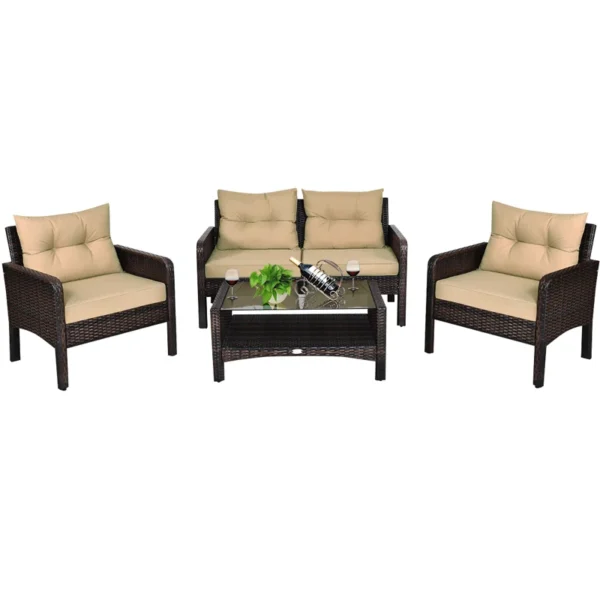 "Outdoor Rattan Wicker Sofa Set – Blue & White Patio Furniture with Cushions for Garden, Balcony & Backyard"