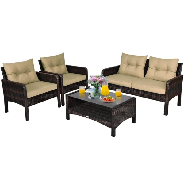"Modern outdoor rattan wicker sofa set in blue and white with cushions – patio furniture for garden, balcony, or backyard"