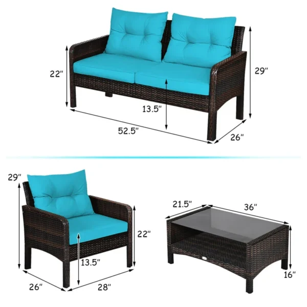 Outdoor Rattan Wicker Sofa Set – Blue & White Patio Furniture with Cushions for Garden, Balcony & Backyard"