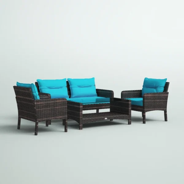 "Modern outdoor rattan wicker sofa set in blue and white with cushions – patio furniture for garden, balcony, or backyard"