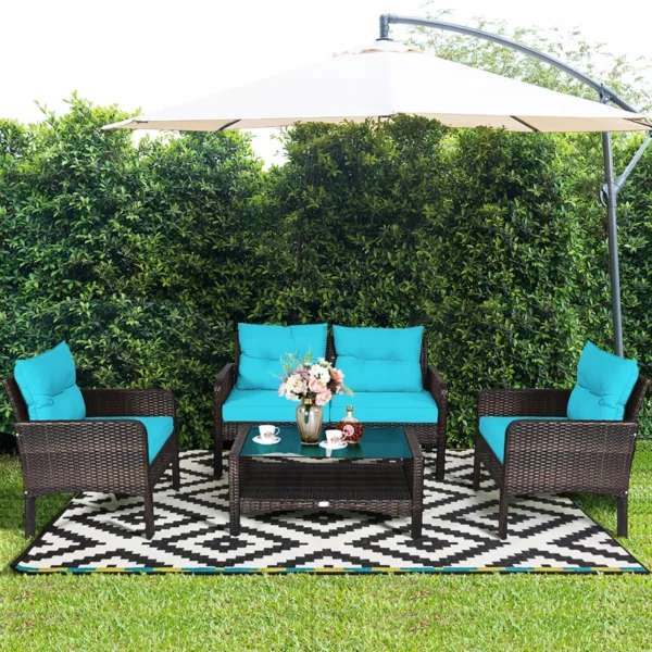 Modern outdoor rattan wicker sofa set in blue and white with cushions – patio furniture for garden, balcony, or backyard"