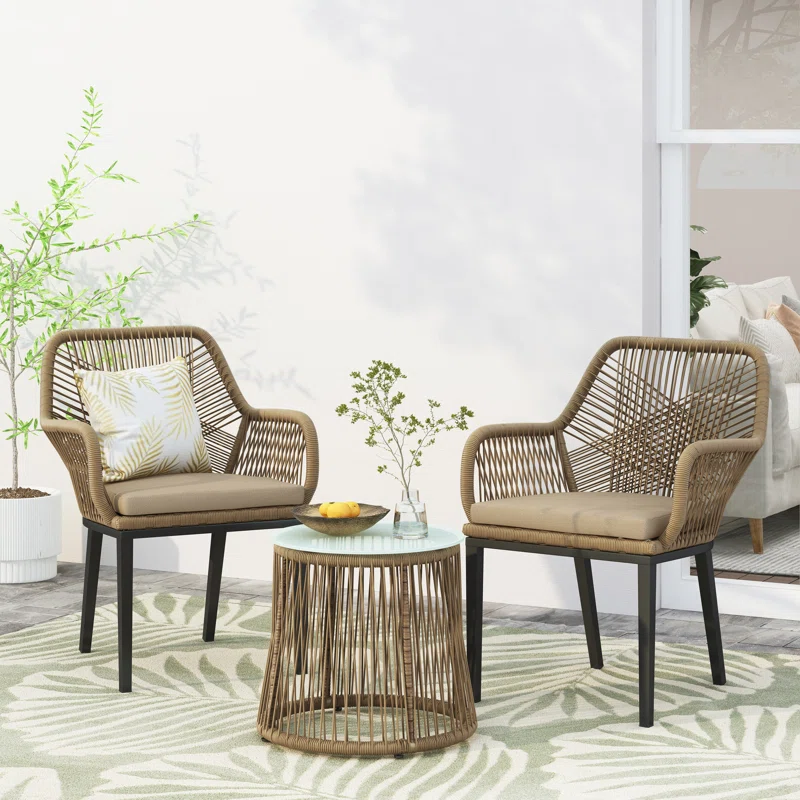 "3-piece outdoor bistro set with woven rope chairs and a matching round table, ideal for patios or balconies."