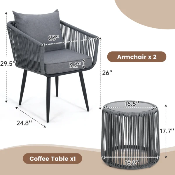 Modern outdoor patio set featuring two comfortable chairs with cushions and a stylish coffee table, perfect for garden, balcony, or backyard relaxation.