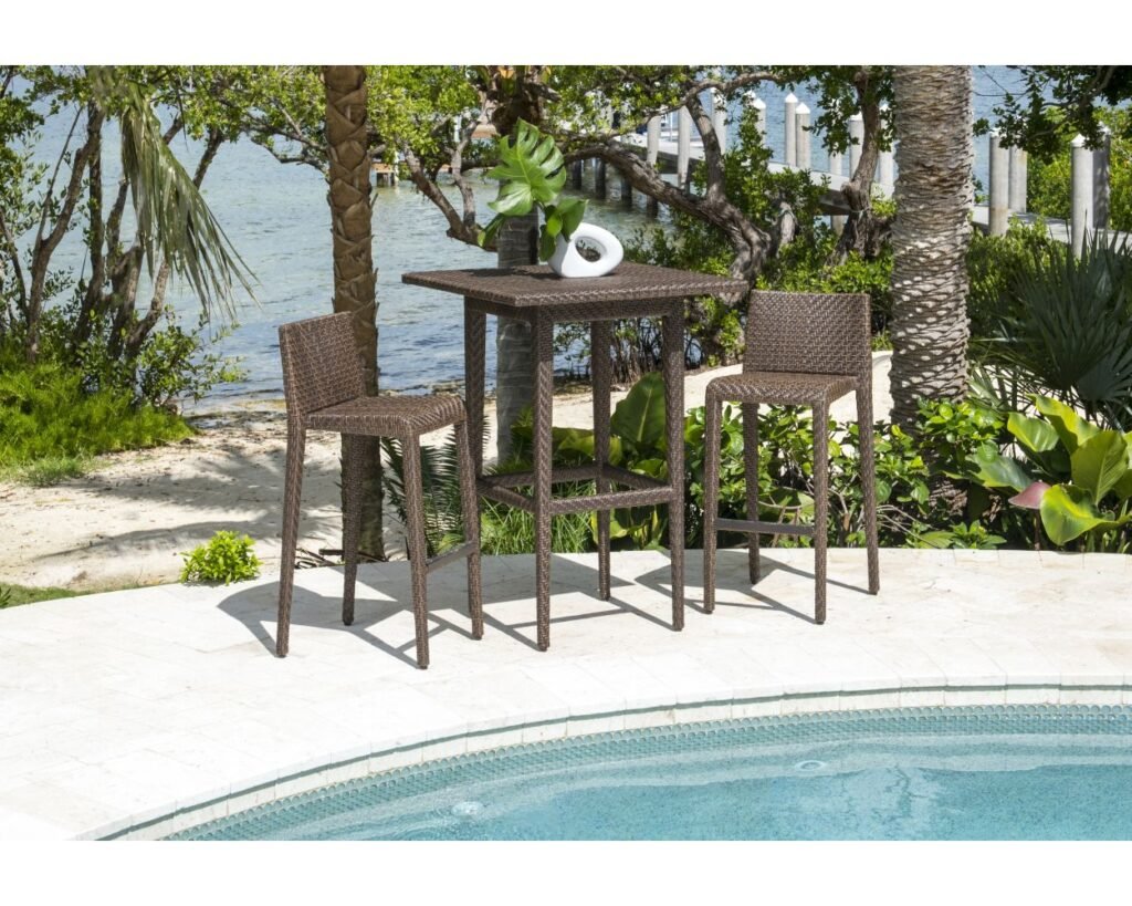 Outdoor patio bar set with two chairs and one table, perfect for relaxing and enter