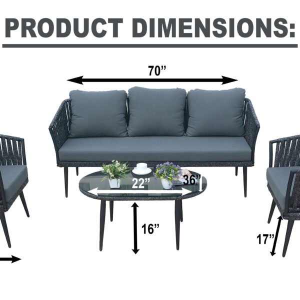Outdoor 4-piece grey rope sofa set with centre table on patio