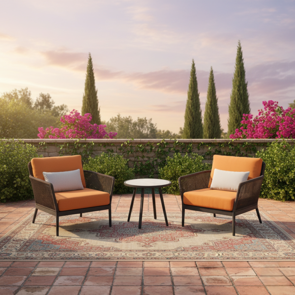 All-Weather Resistant Outdoor 3-Piece Patio Handwoven Gray Rope with Orange Cushions & Coffee Table Perfect for Outdoor & Indoor (Grey Rope & Orange Cushions)