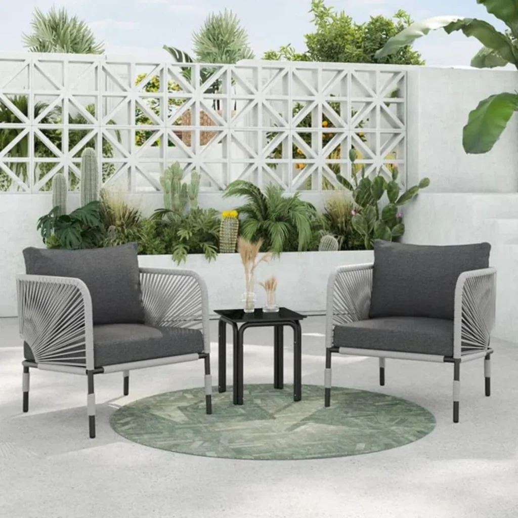 “3 piece outdoor patio bistro set with two chairs and table, compact garden balcony furniture for coffee or casual seating”