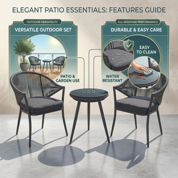 LOCCUS 3 Piece Woven Rope Patio Furniture Set with Cushions. {Grey} - Image 2
