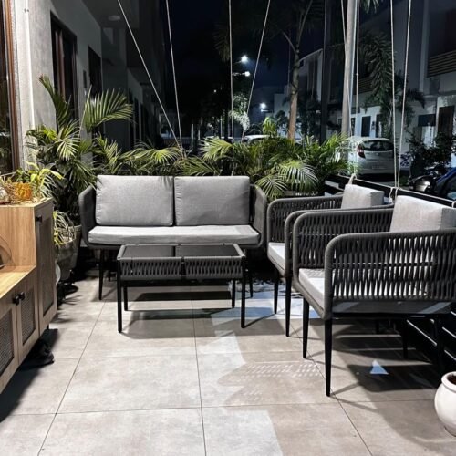 Transform your outdoor living area with this elegant rope sofa set, crafted for both style and durability. Featuring a sturdy frame, handwoven rope detailing, and plush weather-resistant cushions, this set is perfect for patios, gardens, balconies, and poolside lounging. Designed for all-season use, the rope sofa set combines contemporary design with superior comfort, making it an ideal choice for entertaining guests or relaxing with family. Easy to maintain and built to last, it adds a touch of sophistication to any outdoor setting."