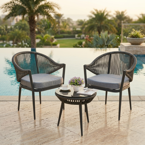 LOCCUS 3 Piece Woven Rope Patio Furniture Set with Cushions. {Grey}