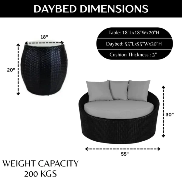 Outdoor rattan wicker daybed with plush cushions and matching glass top table for patio lounging