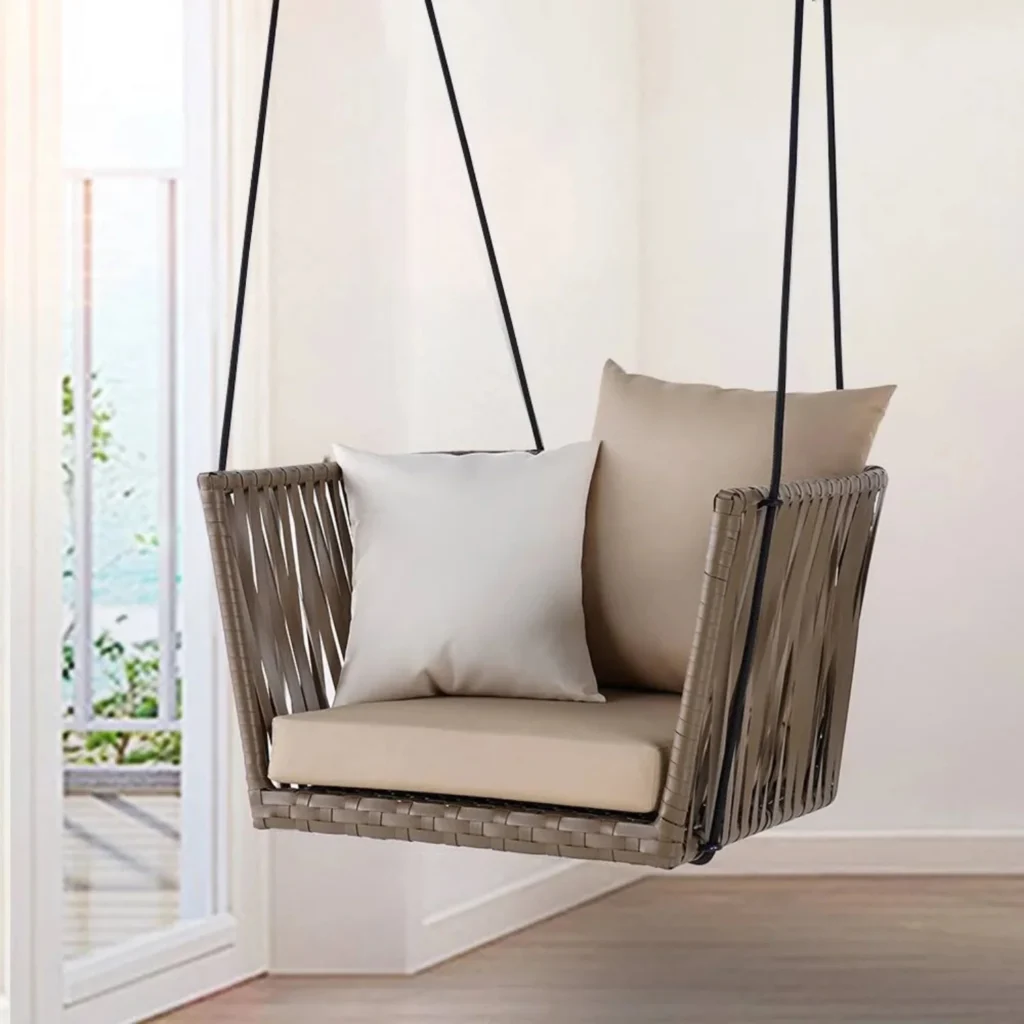 Traditional Porch Outdoor Rattan Garden Swing Chair with Beige Cushion – Stylish and Comfortable Hanging Seat for Patio or Garden