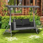 Outdoor Rattan Wicker 2-Seat Patio Swing Chair with Shade and Cushions