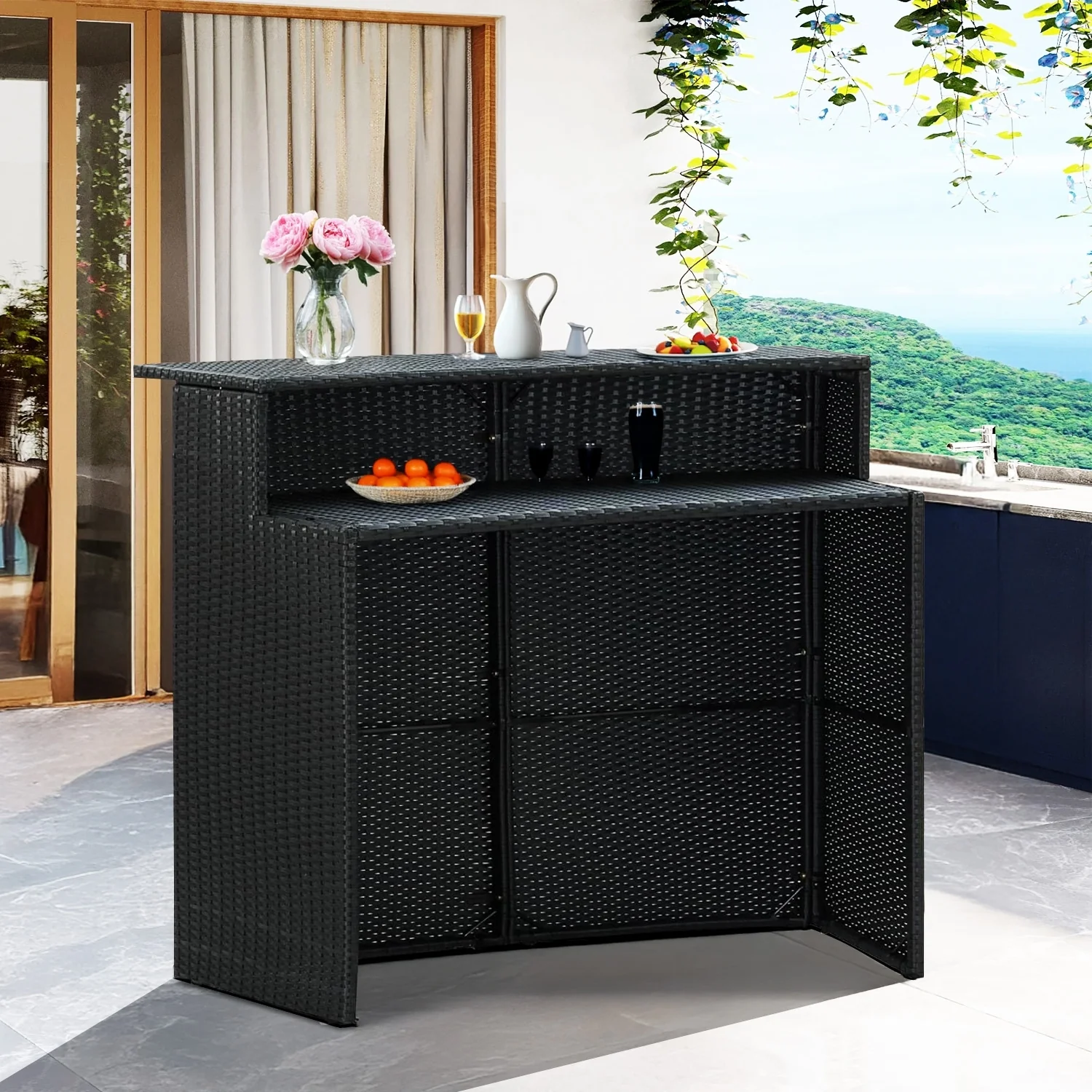 Outdoor rattan wicker bar table with high-top design and storage shelf