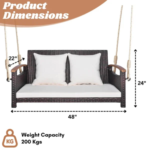 Outdoor Dark Brown Rattan Wicker Two-Seater Sofa Swing with Cushions