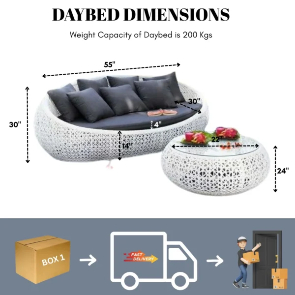 White outdoor rattan wicker daybed set with cushions and matching glass-top table for patio and garden spaces.