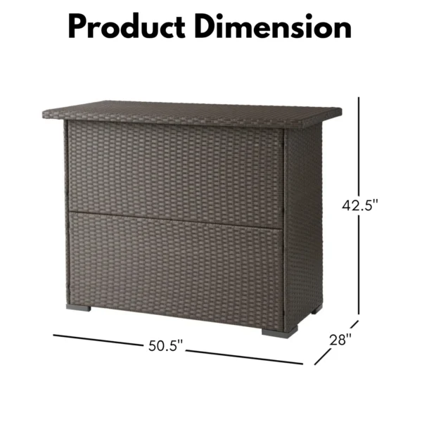 Outdoor rattan wicker bar table with built-in storage shelves for patio and backyard entertaining.