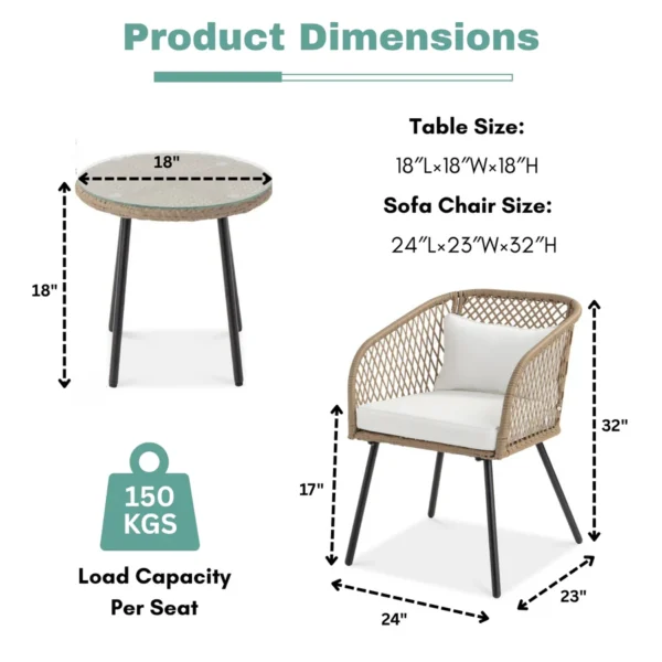 Outdoor wicker 3-piece patio set with two cushioned chairs and a matching glass-top table, ideal for garden, balcony, or backyard.