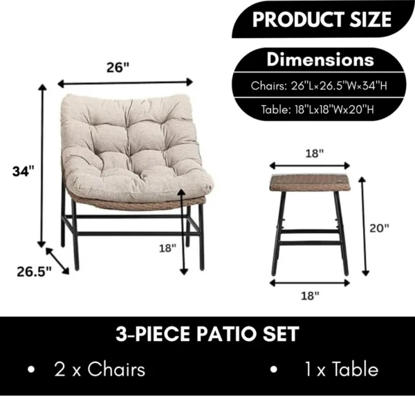 3 Piece Garden Outdoor Patio Furniture Set with cushioned chairs and coffee table