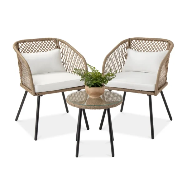 Outdoor wicker 3-piece patio set with two cushioned chairs and a matching glass-top table, ideal for garden, balcony, or backyard.