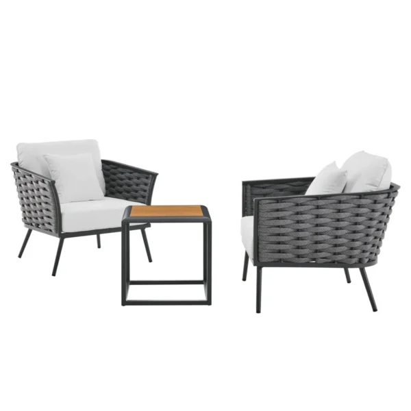 Outdoor rope 3-piece patio furniture set with wooden top table and cushioned chairs