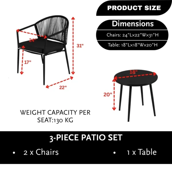 3 Piece Garden Outdoor Rope Patio Set with cushioned chairs and glass-top table for patio, balcony, or garden