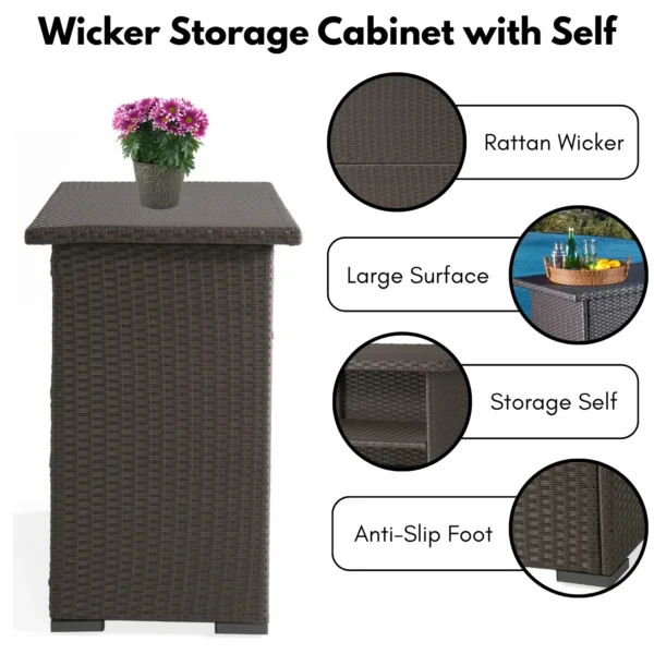 Outdoor rattan wicker bar table with built-in storage shelves for patio and backyard entertaining.