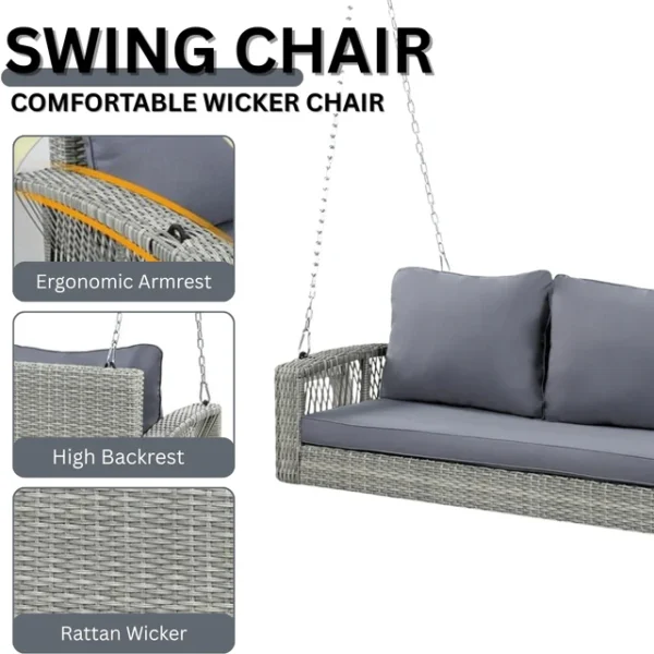 Outdoor 3-person porch swing made of durable HDPE wicker with comfortable cushions