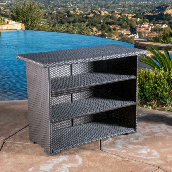 Outdoor rattan wicker bar table with built-in storage shelves for patio and backyard entertaining.