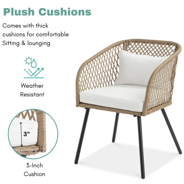 Outdoor wicker 3-piece patio set with two cushioned chairs and a matching glass-top table, ideal for garden, balcony, or backyard.