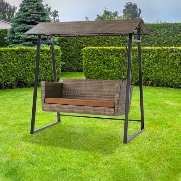 All-Weather Wicker 2-Seat Patio Swing Chair with Shade and Cushions