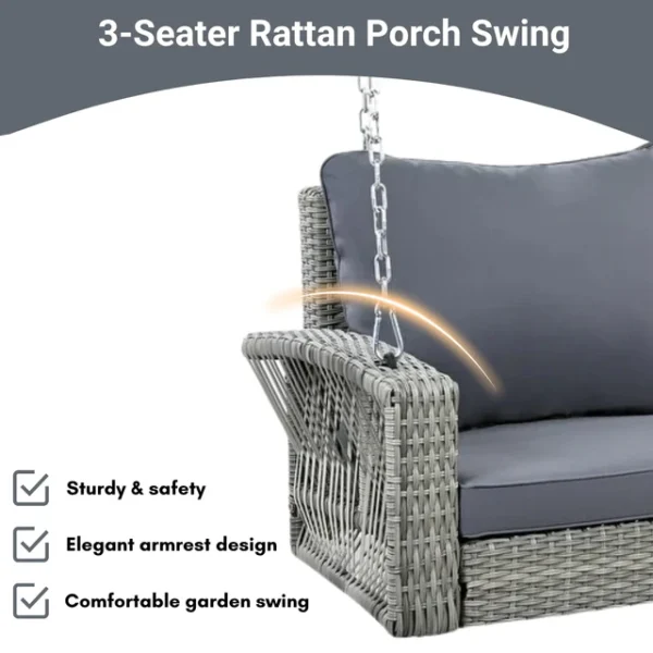 Outdoor 3-person porch swing made of durable HDPE wicker with comfortable cushions