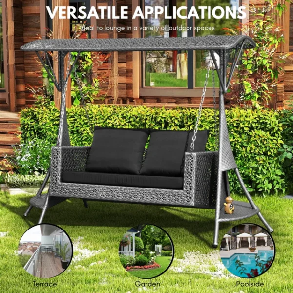 Outdoor Rattan Wicker 2-Seat Patio Swing Chair with Shade and Cushions