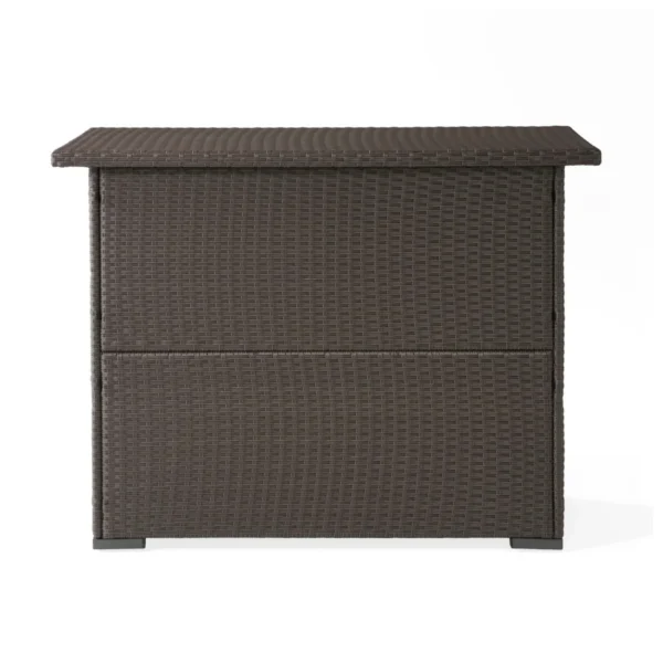 Outdoor rattan wicker bar table with built-in storage shelves for patio and backyard entertaining.