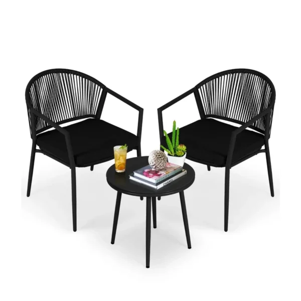 3 Piece Garden Outdoor Rope Patio Set with cushioned chairs and glass-top table for patio, balcony, or garden