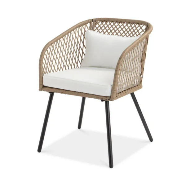 Outdoor wicker 3-piece patio set with two cushioned chairs and a matching glass-top table, ideal for garden, balcony, or backyard.