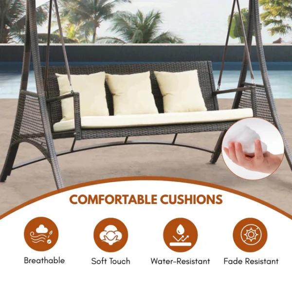 Outdoor rattan wicker 3-seat patio swing chair with canopy shade and soft cushions for backyard or garden