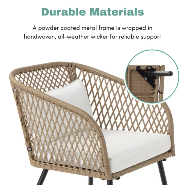 Outdoor wicker 3-piece patio set with two cushioned chairs and a matching glass-top table, ideal for garden, balcony, or backyard.